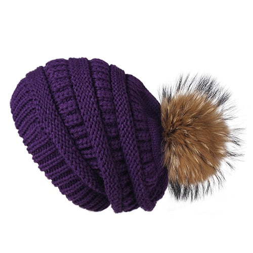 Womens Winter Fur Pompom Slouchy Knitted Hat