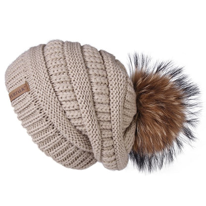 Womens Winter Fur Pompom Slouchy Knitted Hat