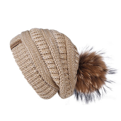 Womens Winter Fur Pompom Slouchy Knitted Hat