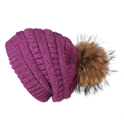 Womens Winter Fur Pompom Slouchy Knitted Hat