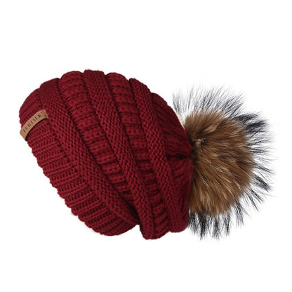 Womens Winter Fur Pompom Slouchy Knitted Hat