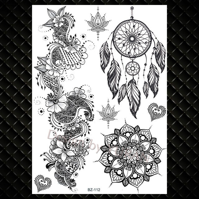 Black Feather Mandala Flower Temporary Tattoos