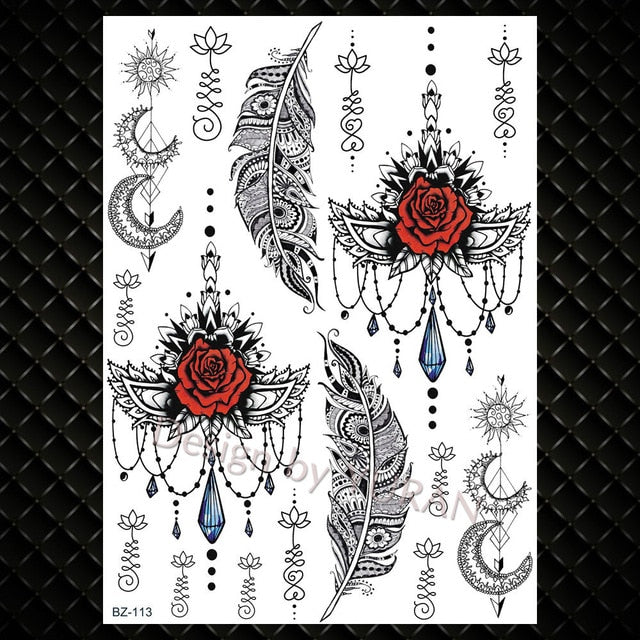 Black Feather Mandala Flower Temporary Tattoos