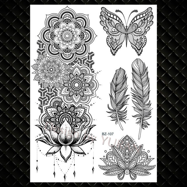 Black Feather Mandala Flower Temporary Tattoos