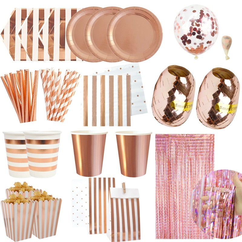 Rose Gold Disposable Tableware Cup Plate Straws Birthday Party Balloons