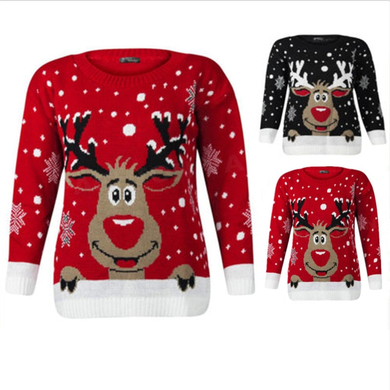 Women Christmas Deer Warm Knitted Long Sleeve Ugly Sweater O-Neck Casual