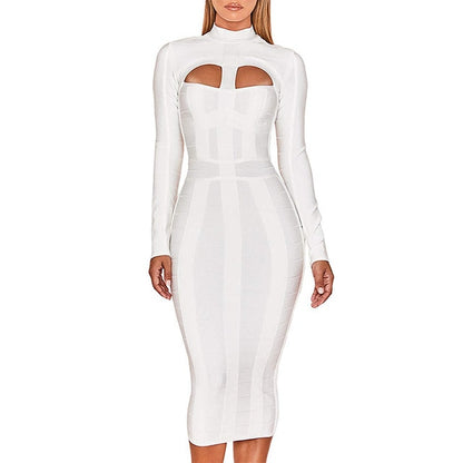Womens White Dress High Neck Long Sleeve Party Rayon Bandage Midi Dress