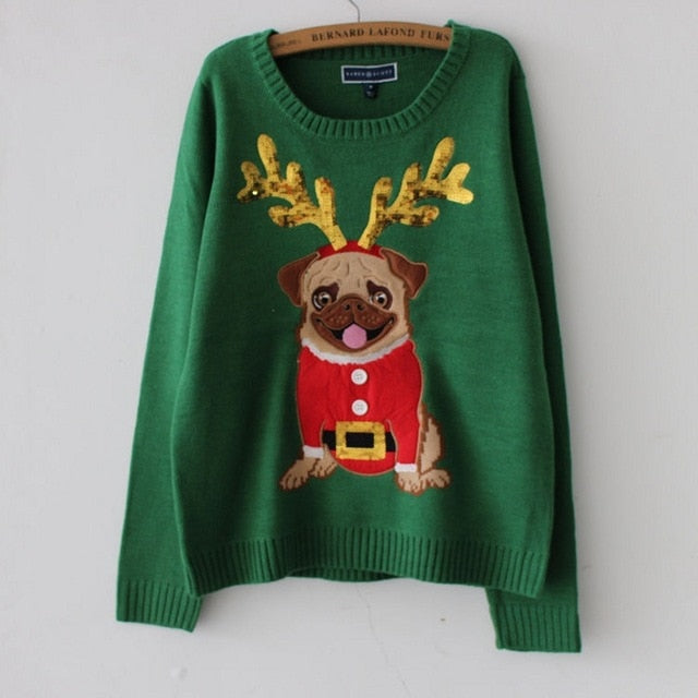 Womens Ugly Christmas Sweater Pug Dog Embroidery