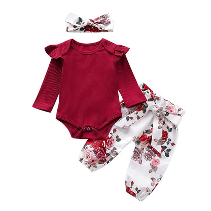 3Pc Set Baby Girl Floral Romper Bodysuit Outfit