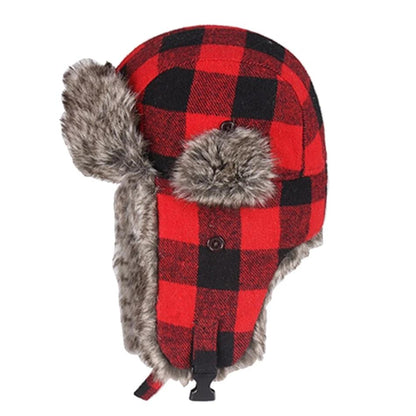 Fur Red Warm Plaid Earflap Winter Hat