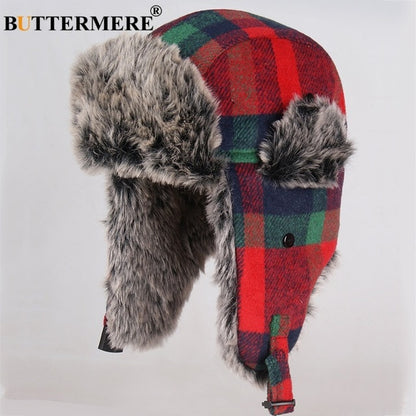 Fur Red Warm Plaid Earflap Winter Hat