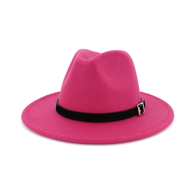 Men Women Wide Brim Wool Felt Fedora Panama Hat Belt Buckle Party Formal Top