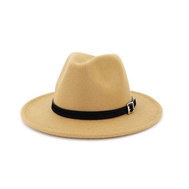 Men Women Wide Brim Wool Felt Fedora Panama Hat Belt Buckle Party Formal Top