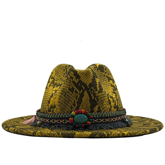 Leopard Print Soft Wool Felt Fedora Hat Flat Wide Brim