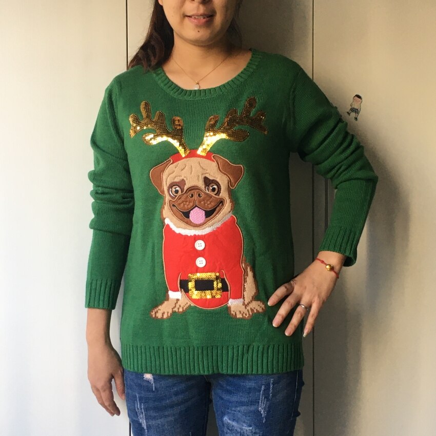 Womens Ugly Christmas Sweater Pug Dog Embroidery