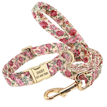 Personalized Dog Collar Leash Floral Pet Customized ID Tag