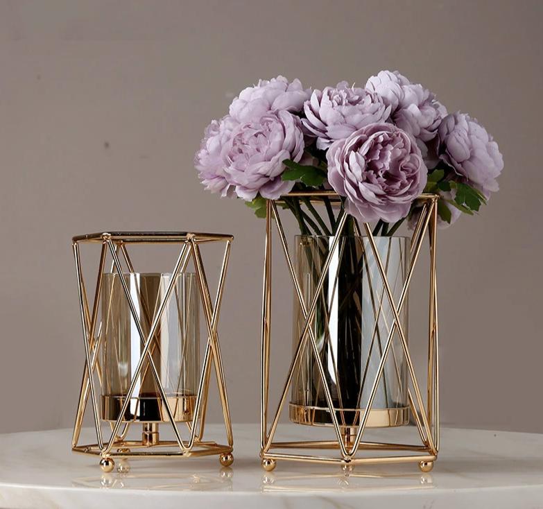 Creative Nordic Metal  Iron Geometric Glass Gold Vase For Living Room Decor Flowers