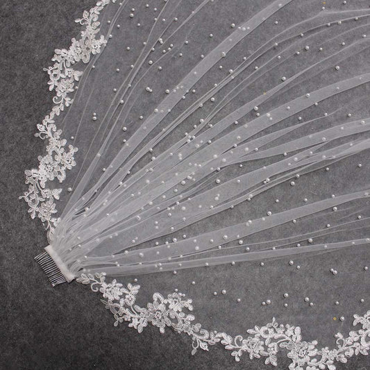 Pearls & Lace Appliques Wedding Veil with Comb