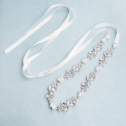 Sparkling Flower Crystal Pearl Belt Bridal Sash