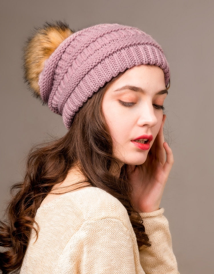 Winter Knitted Pompom Slouchy Beanie Skullies