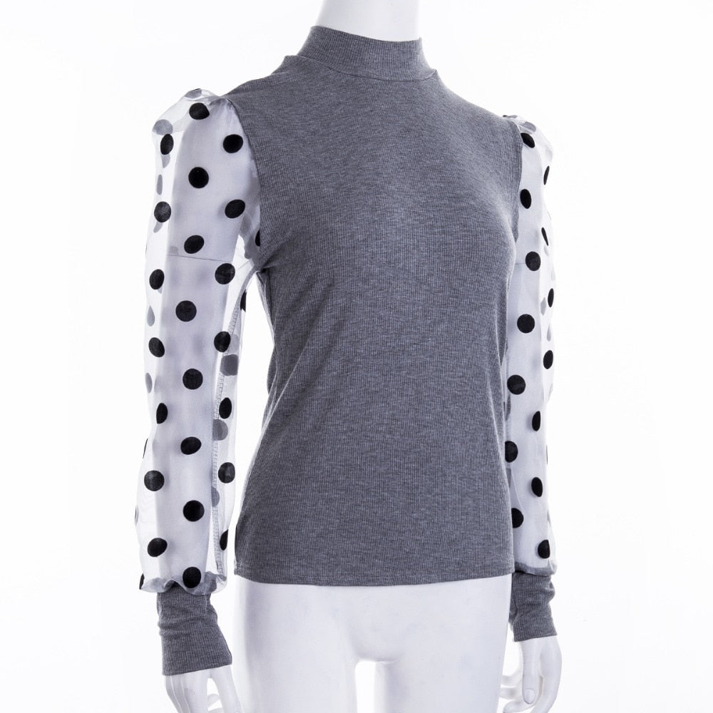 Womens Mesh Puff Casual Polka Dot Blouse