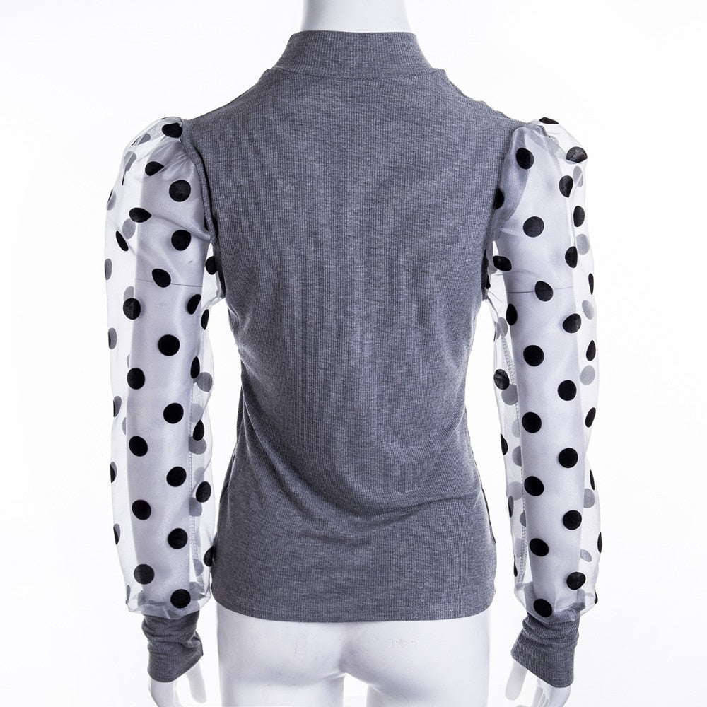 Womens Mesh Puff Casual Polka Dot Blouse