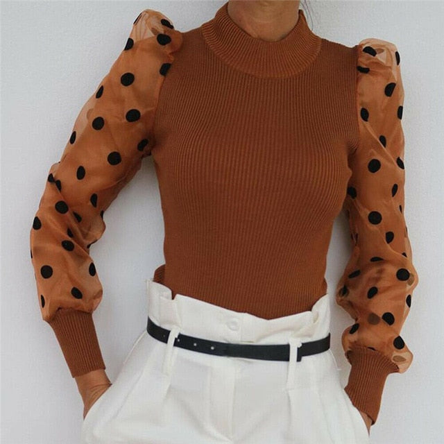 Womens Mesh Puff Casual Polka Dot Blouse