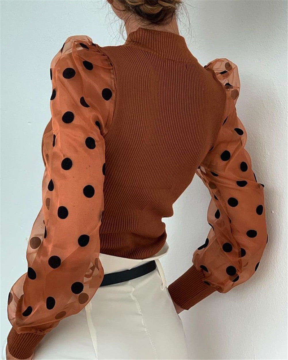 Womens Mesh Puff Casual Polka Dot Blouse