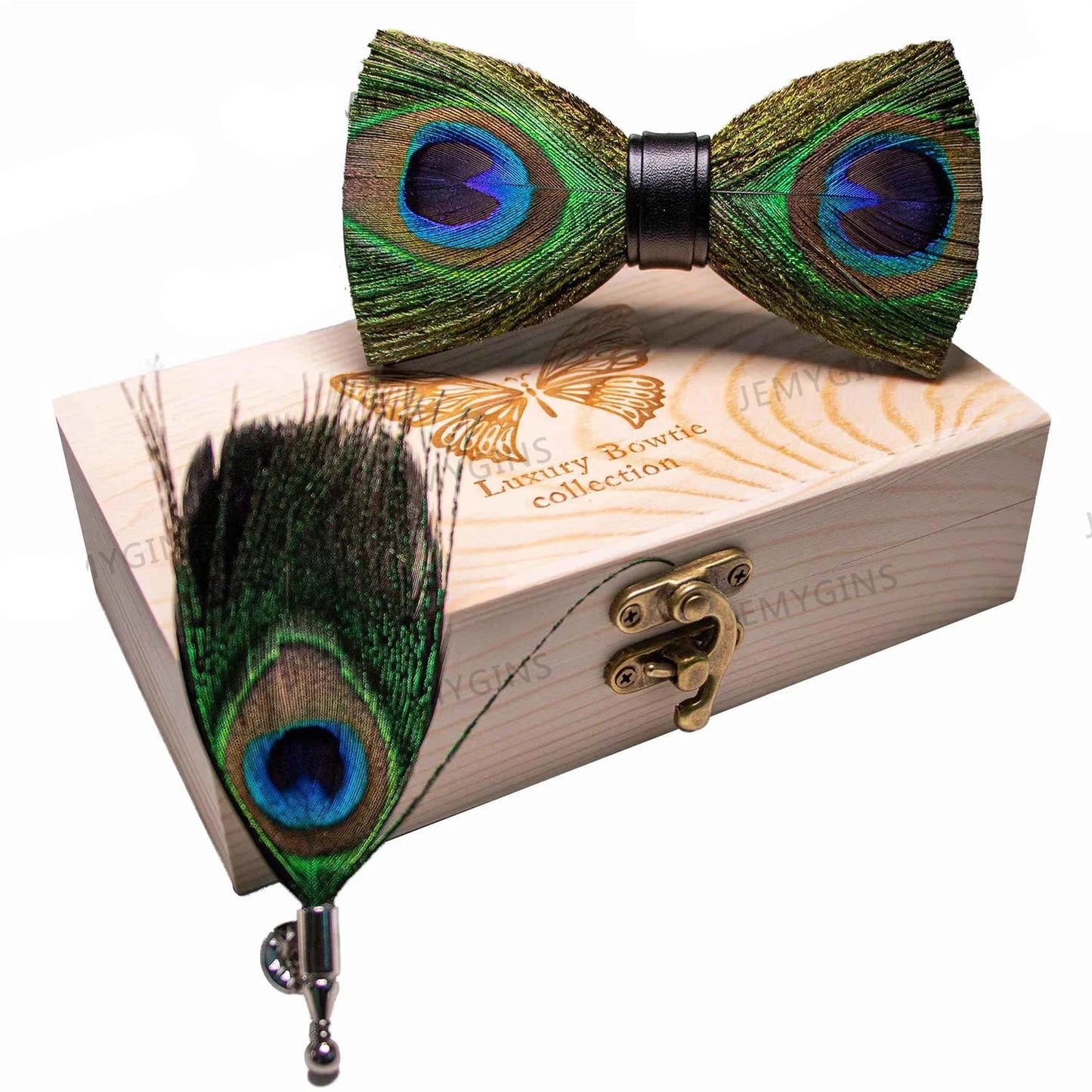 Peacock Feather Leather Bowtie Brooch Gift Set