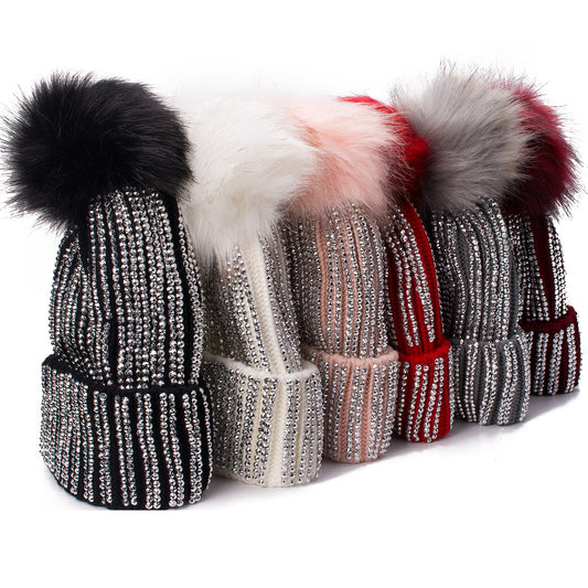 Winter Hats Faux Fur Pom Pom Rhinestone Beanies