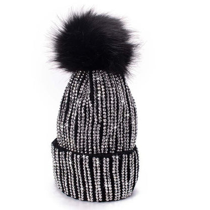 Winter Hats Faux Fur Pom Pom Rhinestone Beanies