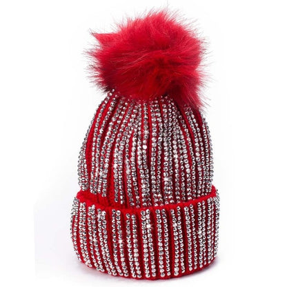 Winter Hats Faux Fur Pom Pom Rhinestone Beanies