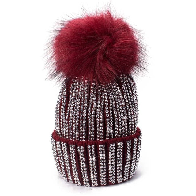 Winter Hats Faux Fur Pom Pom Rhinestone Beanies