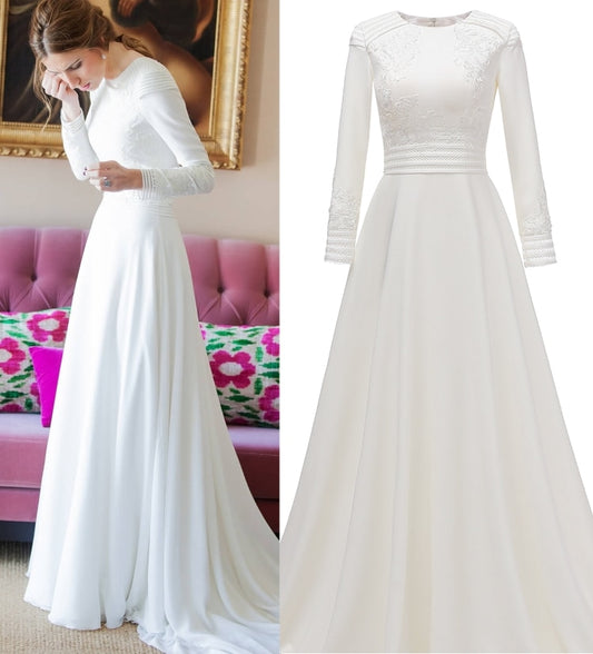 Simple Long Sleeve Plain Satin Wedding Dress Bridal Gown