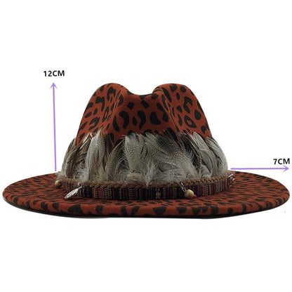 Trendy Feather Animal Print Wool Fedora Hat