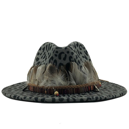 Trendy Feather Animal Print Wool Fedora Hat
