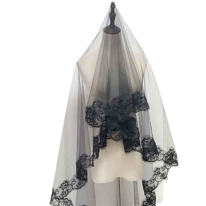 One Layer Black Wedding Embroidery Floral Lace Veil