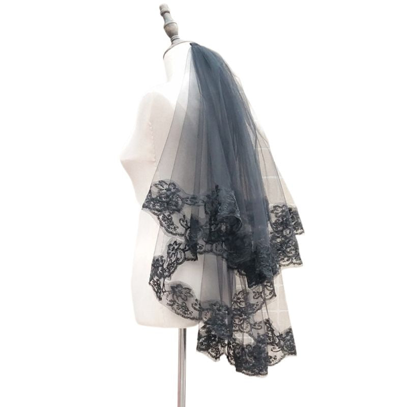 One Layer Black Wedding Embroidery Floral Lace Veil