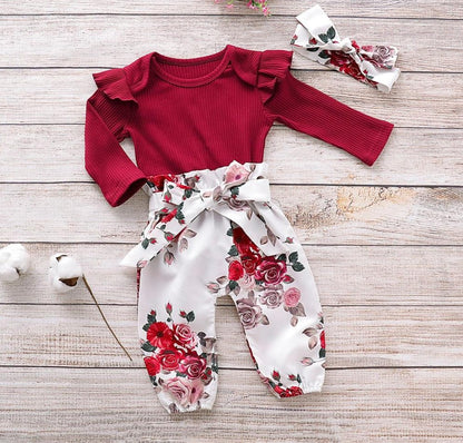 3Pc Set Baby Girl Floral Romper Bodysuit Outfit