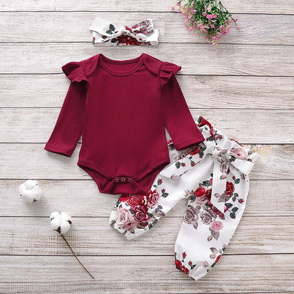 3Pc Set Baby Girl Floral Romper Bodysuit Outfit