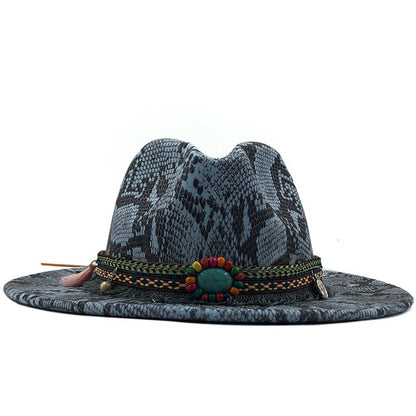 Leopard Print Soft Wool Felt Fedora Hat Flat Wide Brim
