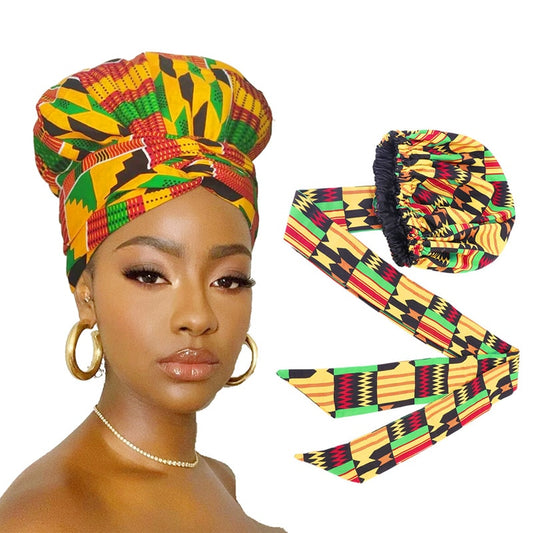 African Print Satin Bonnet With Long Ribbon Wrap