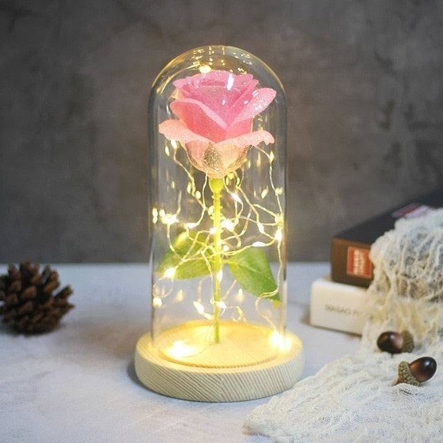 Sparkly Glitter Eternal Rose in Glass Dome LED Light