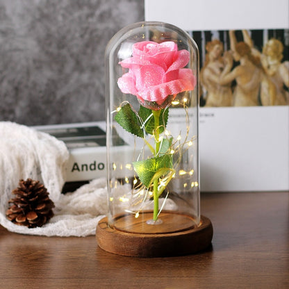 Sparkly Glitter Eternal Rose in Glass Dome LED Light