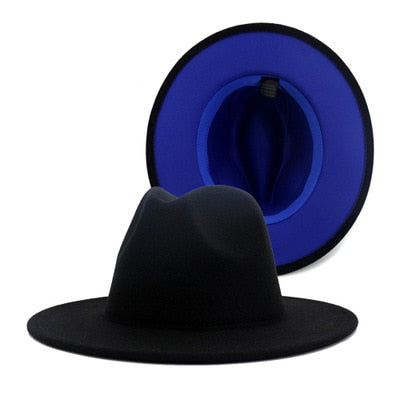 Blue Black Patchwork Wool Felt Fedora Hat with Belt