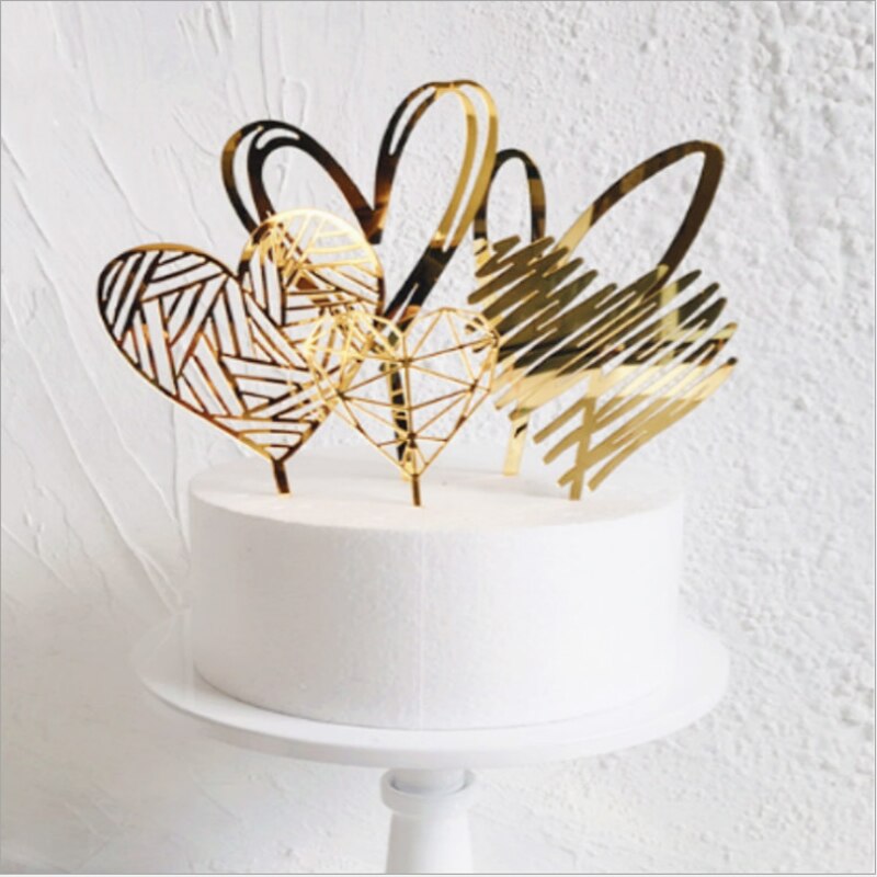 Gold Silver Acrylic Happy Birthday Love Heart Cake Topper