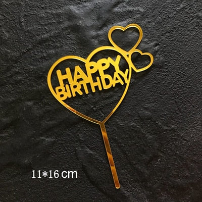 Gold Silver Acrylic Happy Birthday Love Heart Cake Topper