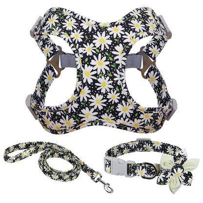 3pc Set Flower Print Harness Leash And Collar