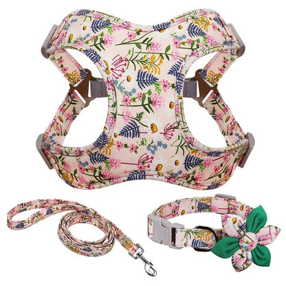 3pc Set Flower Print Harness Leash And Collar