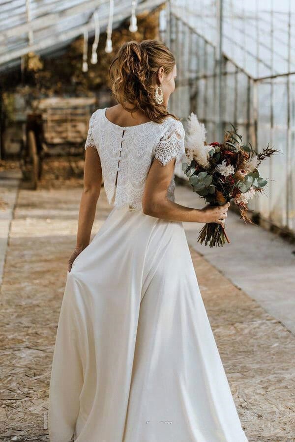 Bohemian Two Piece Lace Skirt Top Short Sleeve Bridal Gown